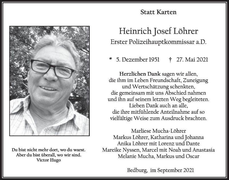  Traueranzeige für Heinrich Josef Löhrer vom 10.09.2021 aus  Werbepost 