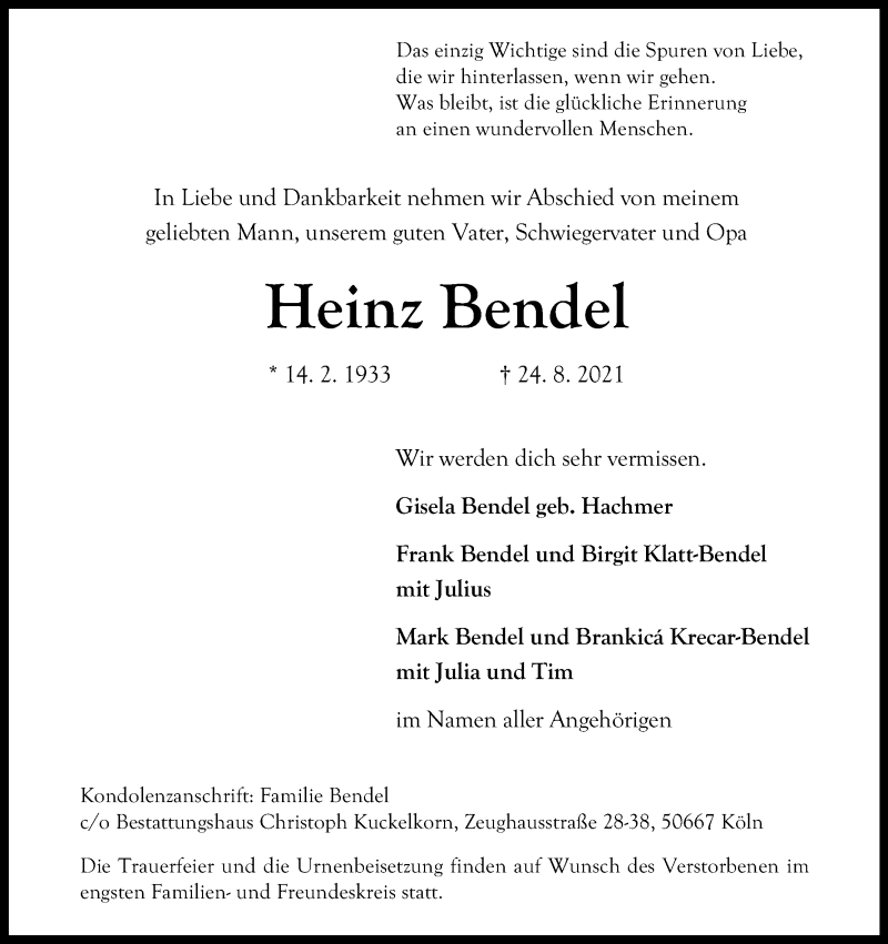  Traueranzeige für Heinz Bendel vom 11.09.2021 aus Kölner Stadt-Anzeiger / Kölnische Rundschau / Express