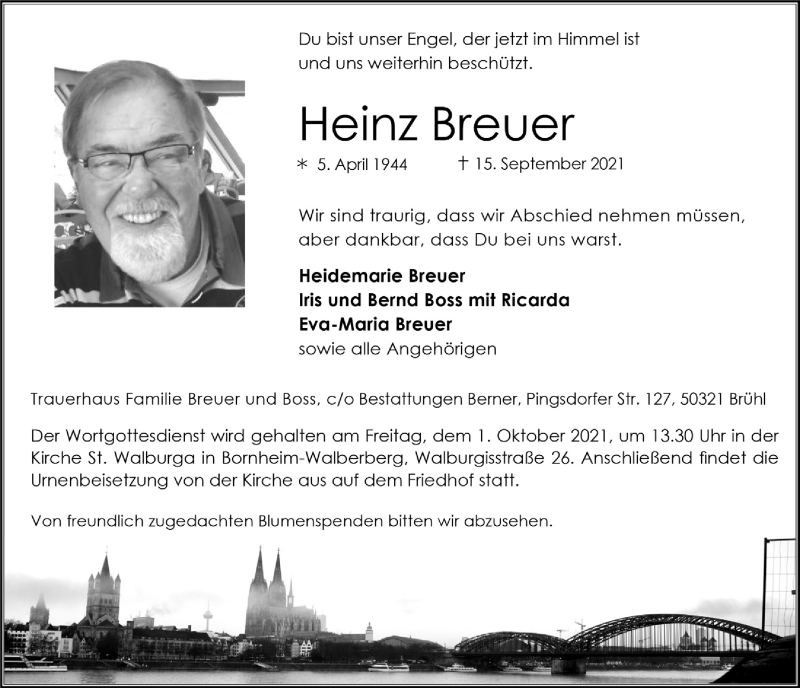  Traueranzeige für Heinz Breuer vom 24.09.2021 aus  Schlossbote/Werbekurier 