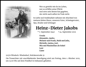 Anzeige von Heinz-Dieter Jakobs von Kölner Stadt-Anzeiger / Kölnische Rundschau / Express
