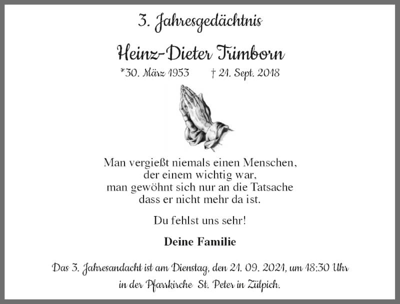  Traueranzeige für Heinz-Dieter Trimborn vom 18.09.2021 aus  Blickpunkt Euskirchen 