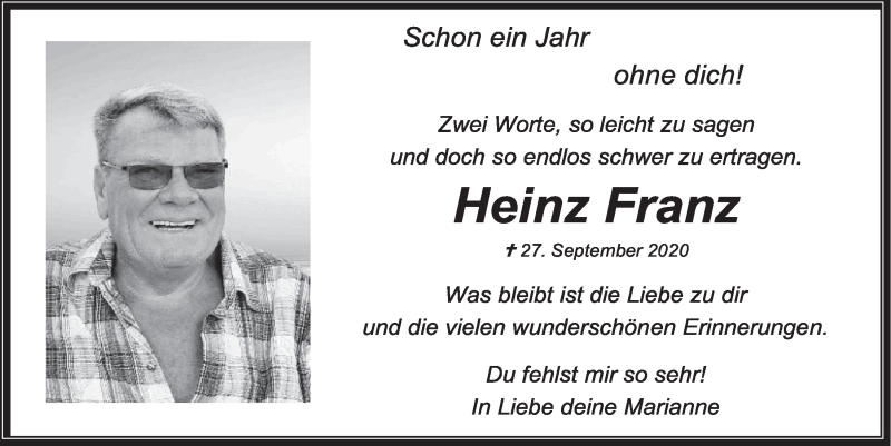  Traueranzeige für Heinz Franz vom 24.09.2021 aus  Wochenende 