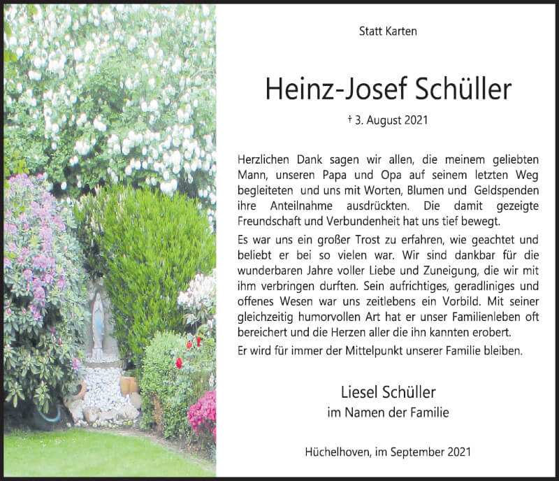  Traueranzeige für Heinz-Josef Schüller vom 17.09.2021 aus  Werbepost 
