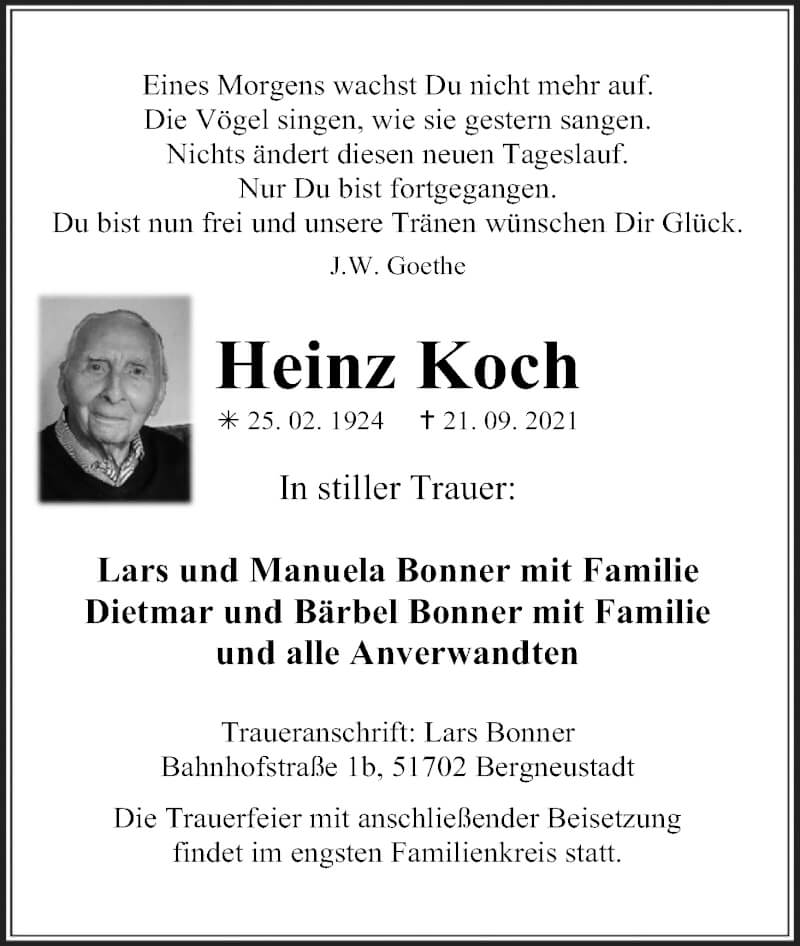  Traueranzeige für Heinz Koch vom 25.09.2021 aus Kölner Stadt-Anzeiger / Kölnische Rundschau / Express
