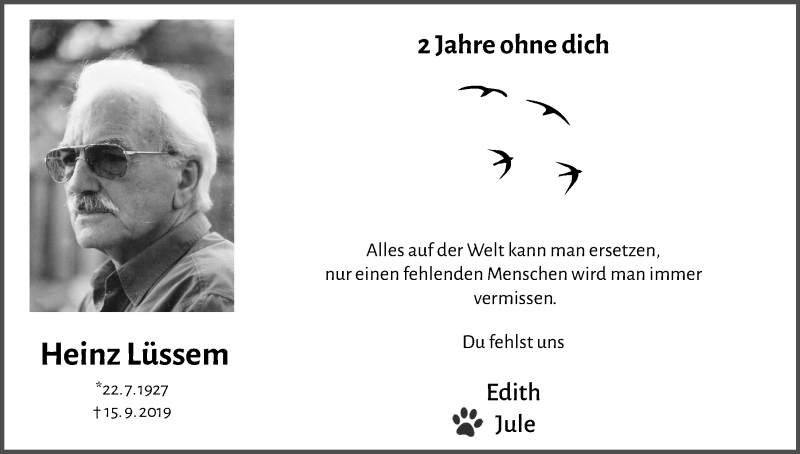  Traueranzeige für Heinz Lüssem vom 11.09.2021 aus Kölner Stadt-Anzeiger / Kölnische Rundschau / Express