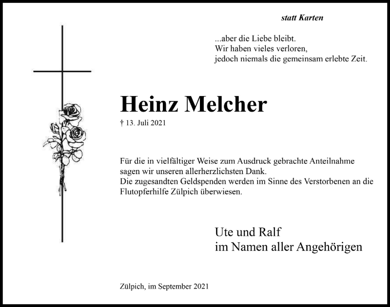  Traueranzeige für Heinz Melcher vom 04.09.2021 aus  Blickpunkt Euskirchen 