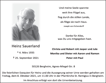 Anzeige von Heinz Sauerland von  Werbepost 