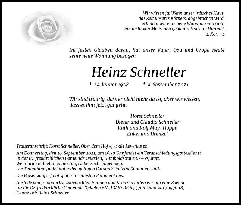  Traueranzeige für Heinz Schneller vom 14.09.2021 aus Kölner Stadt-Anzeiger / Kölnische Rundschau / Express