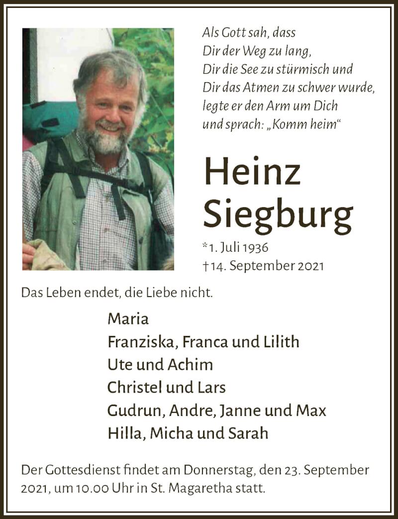  Traueranzeige für Heinz Siegburg vom 17.09.2021 aus  Schlossbote/Werbekurier 