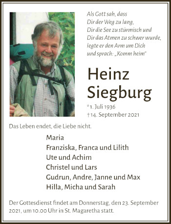 Anzeige von Heinz Siegburg von  Schlossbote/Werbekurier 