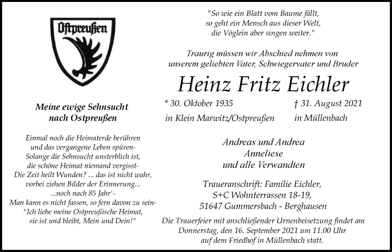 Traueranzeige für Heinz Fritz Eichler vom 10.09.2021 aus  Anzeigen Echo 
