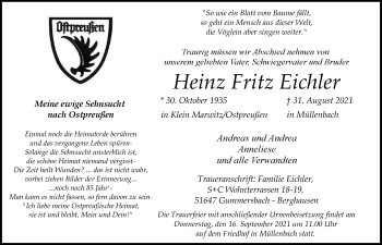 Anzeige von Heinz Fritz Eichler von  Anzeigen Echo 