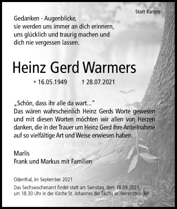 Anzeige von Heinz Gerd Warmers von Kölner Stadt-Anzeiger / Kölnische Rundschau / Express