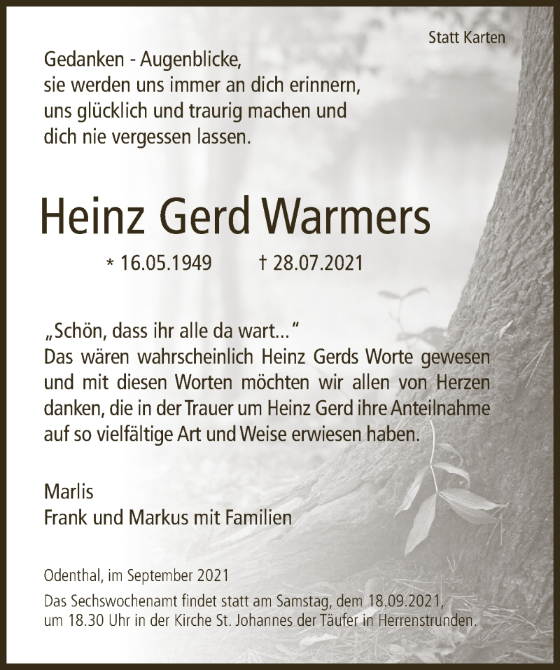  Traueranzeige für Heinz Gerd Warmers vom 10.09.2021 aus  Bergisches Handelsblatt 