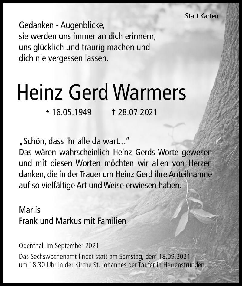  Traueranzeige für Heinz Gerd Warmers vom 11.09.2021 aus Kölner Stadt-Anzeiger / Kölnische Rundschau / Express