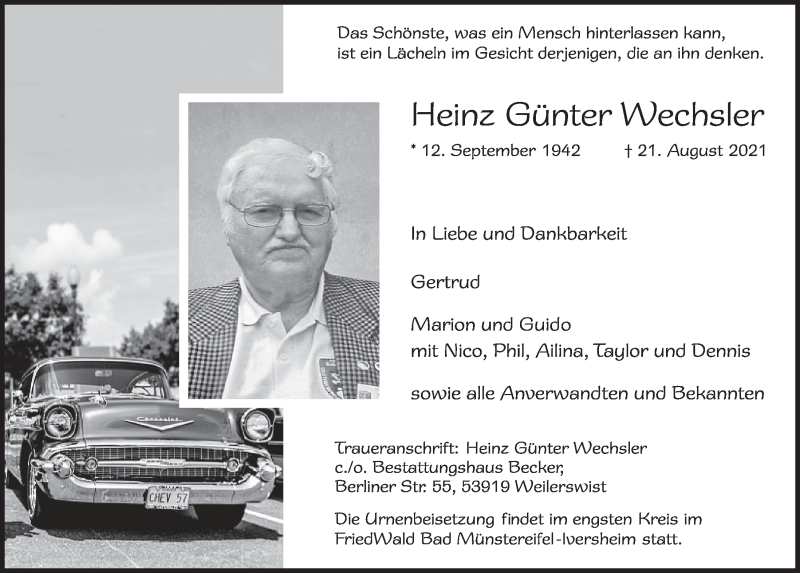  Traueranzeige für Heinz Günter Wechsler vom 03.09.2021 aus  Werbepost 