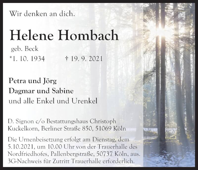  Traueranzeige für Helene Hombach vom 25.09.2021 aus Kölner Stadt-Anzeiger / Kölnische Rundschau / Express
