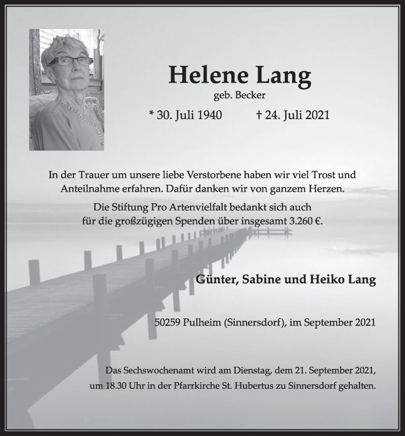  Traueranzeige für Helene Lang vom 10.09.2021 aus  Wochenende 
