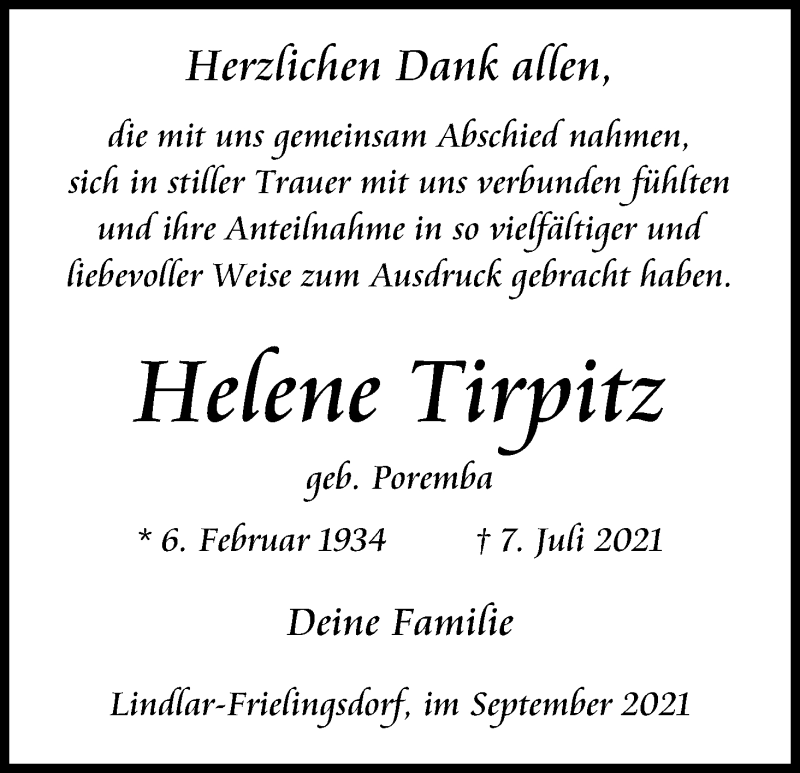  Traueranzeige für Helene Tirpitz vom 04.09.2021 aus Kölner Stadt-Anzeiger / Kölnische Rundschau / Express