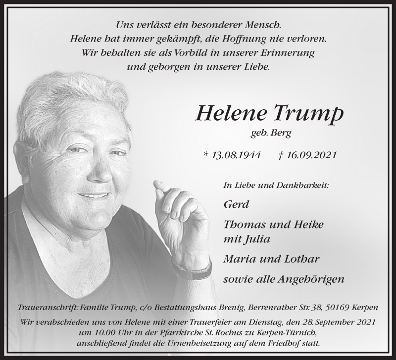 Traueranzeige für Helene Trump vom 24.09.2021 aus  Werbepost 