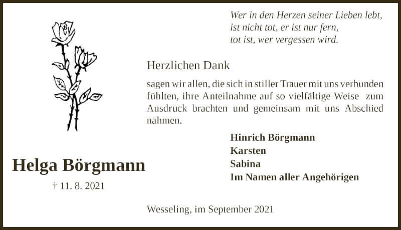  Traueranzeige für Helga Börgmann vom 17.09.2021 aus  Schlossbote/Werbekurier 