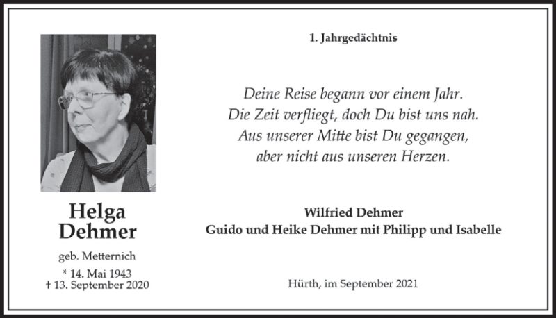  Traueranzeige für Helga Dehmer vom 10.09.2021 aus  Wochenende 