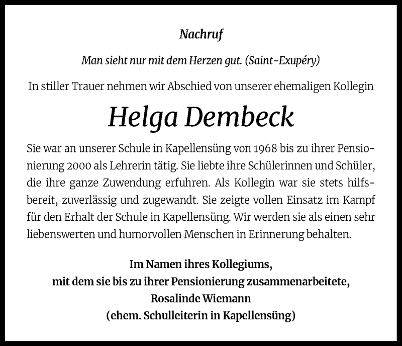  Traueranzeige für Helga Dembeck vom 11.09.2021 aus Kölner Stadt-Anzeiger / Kölnische Rundschau / Express