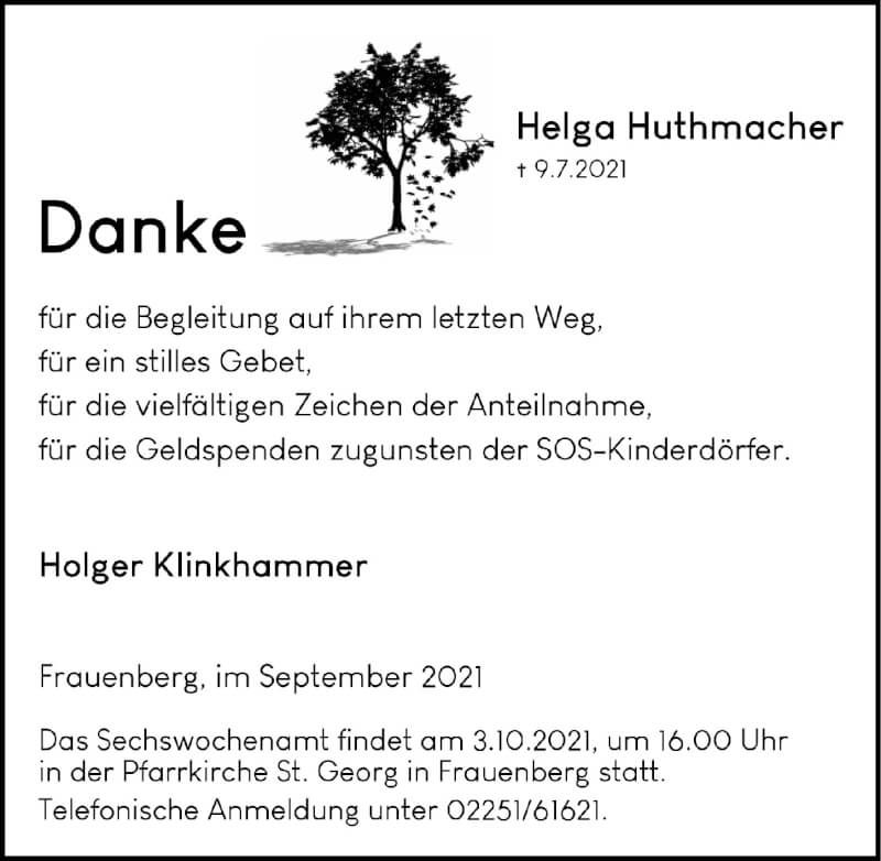  Traueranzeige für Helga Huthmacher vom 18.09.2021 aus  Blickpunkt Euskirchen 