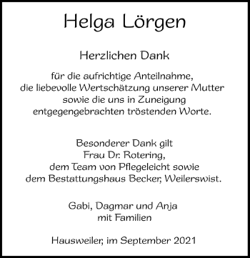 Anzeige von Helga Lörgen von  Blickpunkt Euskirchen 