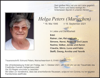 Anzeige von Helga Peters von Kölner Stadt-Anzeiger / Kölnische Rundschau / Express