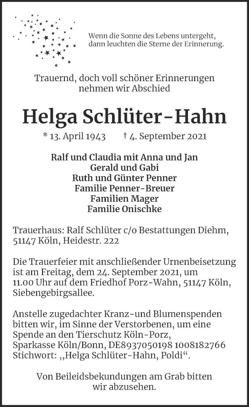  Traueranzeige für Helga Schlüter-Hahn vom 17.09.2021 aus  Kölner Wochenspiegel 