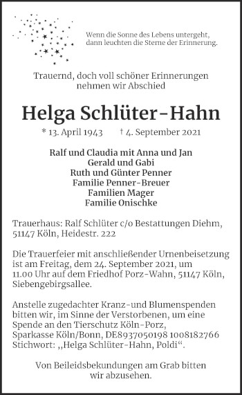Anzeige von Helga Schlüter-Hahn von  Kölner Wochenspiegel 