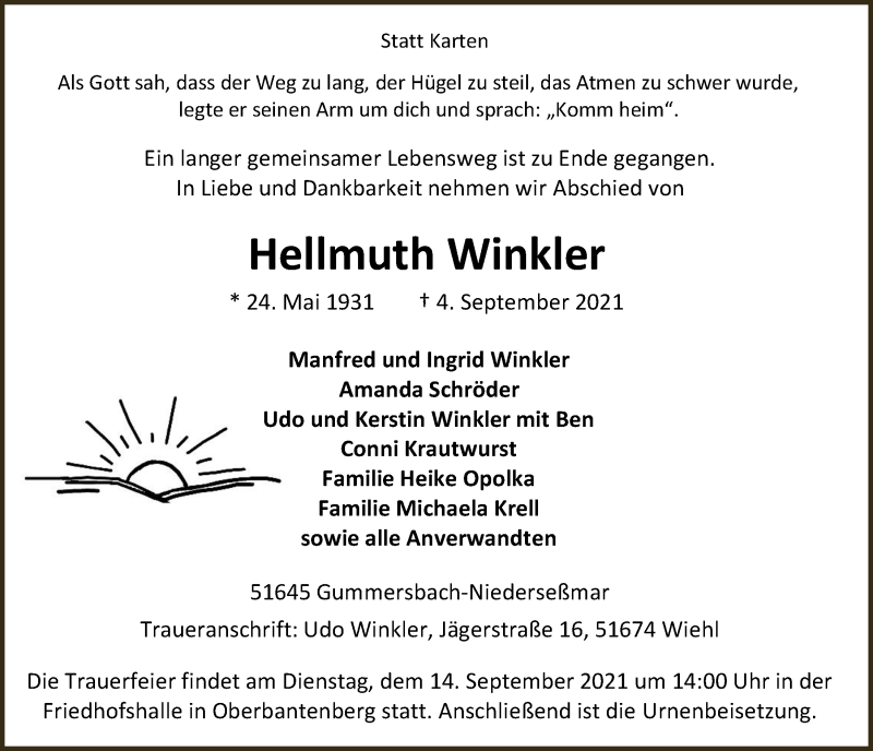  Traueranzeige für Hellmuth Winkler vom 10.09.2021 aus  Anzeigen Echo 