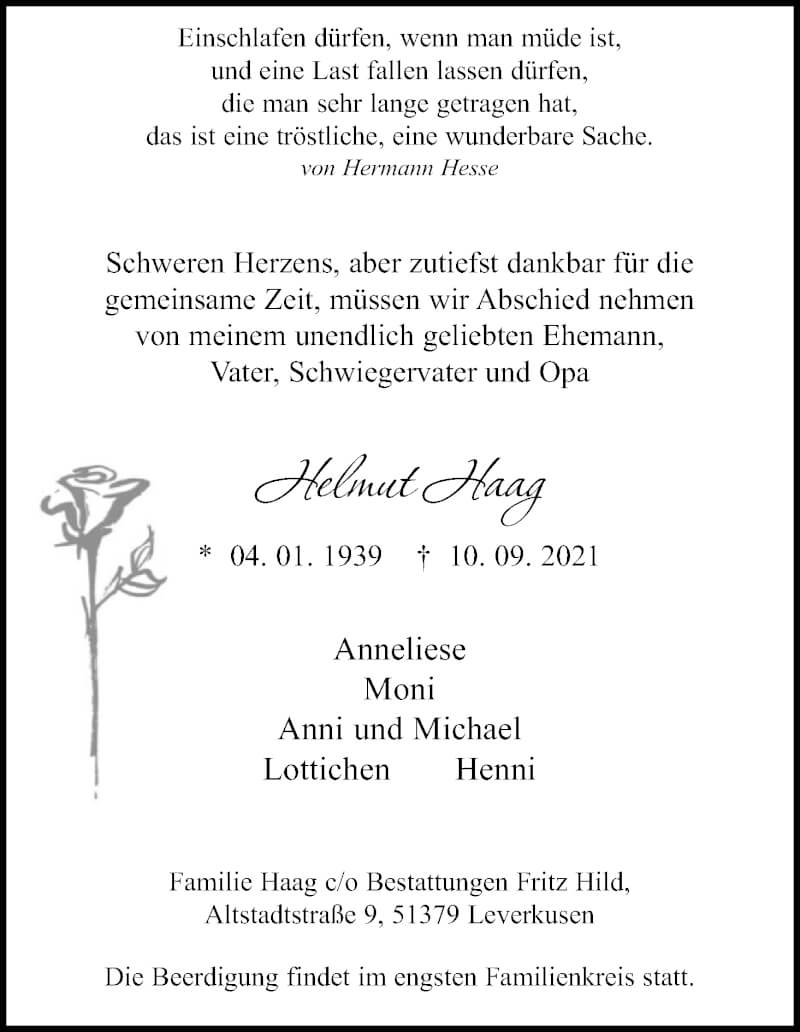  Traueranzeige für Helmut Haag vom 18.09.2021 aus Kölner Stadt-Anzeiger / Kölnische Rundschau / Express
