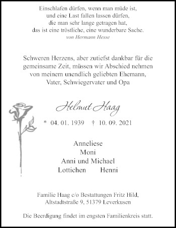Anzeige von Helmut Haag von Kölner Stadt-Anzeiger / Kölnische Rundschau / Express