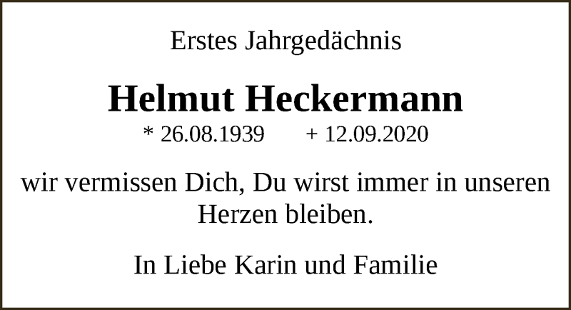  Traueranzeige für Helmut Heckermann vom 10.09.2021 aus  Schlossbote/Werbekurier 