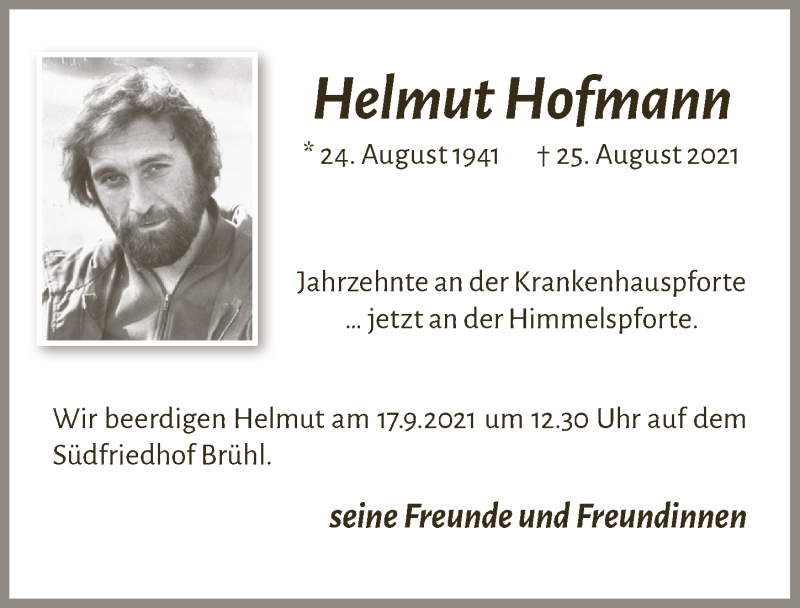  Traueranzeige für Helmut Hofmann vom 10.09.2021 aus  Schlossbote/Werbekurier 