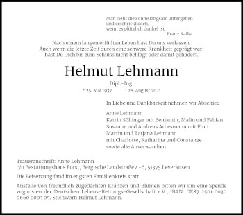 Anzeige von Helmut Lehmann von Kölner Stadt-Anzeiger / Kölnische Rundschau / Express