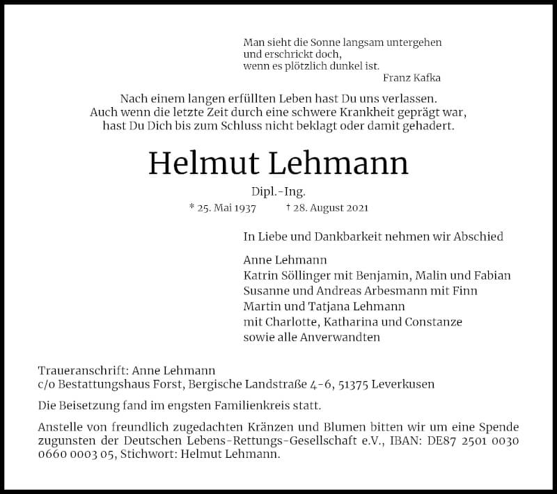  Traueranzeige für Helmut Lehmann vom 18.09.2021 aus Kölner Stadt-Anzeiger / Kölnische Rundschau / Express