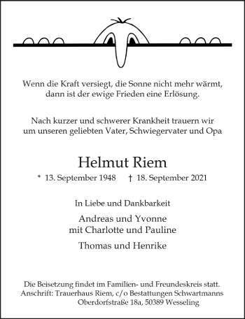 Anzeige von Helmut Riem von  Schlossbote/Werbekurier 