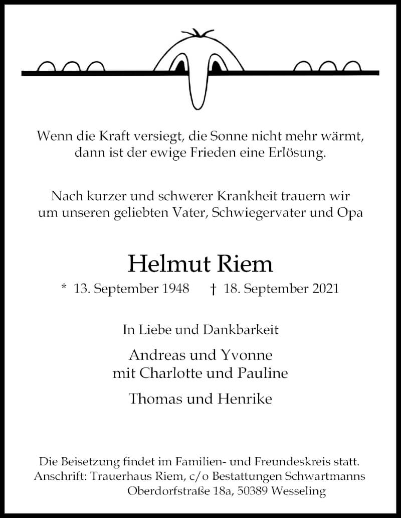  Traueranzeige für Helmut Riem vom 25.09.2021 aus Kölner Stadt-Anzeiger / Kölnische Rundschau / Express