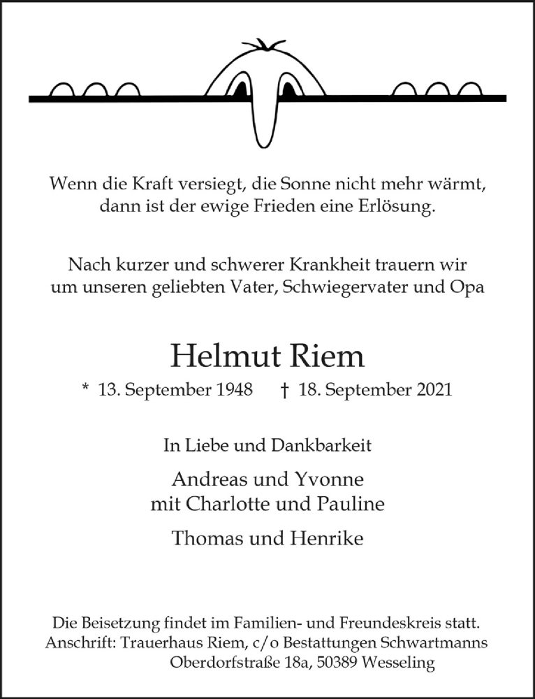  Traueranzeige für Helmut Riem vom 24.09.2021 aus  Schlossbote/Werbekurier 