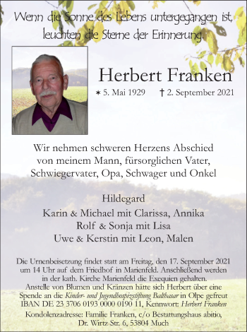 Anzeige von Herbert Franken von Kölner Stadt-Anzeiger / Kölnische Rundschau / Express