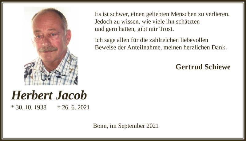  Traueranzeige für Herbert Jacob vom 10.09.2021 aus  Schaufenster/Blickpunkt 
