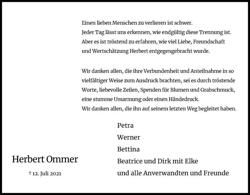  Traueranzeige für Herbert Ommer vom 04.09.2021 aus Kölner Stadt-Anzeiger / Kölnische Rundschau / Express