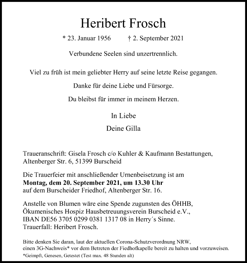  Traueranzeige für Heribert Frosch vom 11.09.2021 aus Kölner Stadt-Anzeiger / Kölnische Rundschau / Express