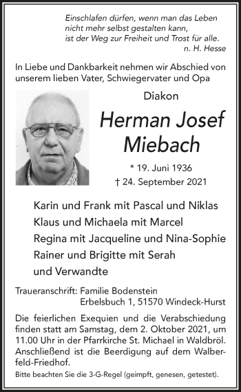Anzeige von Herman Josef Miebach von  Lokalanzeiger 