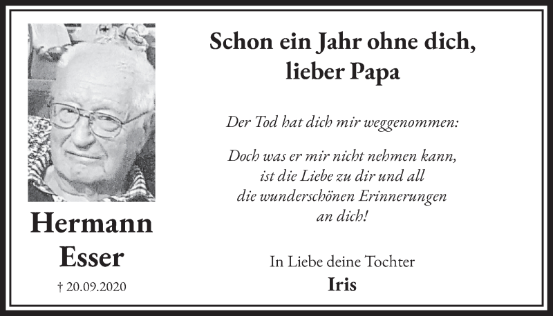  Traueranzeige für Hermann Esser vom 10.09.2021 aus  Wochenende 