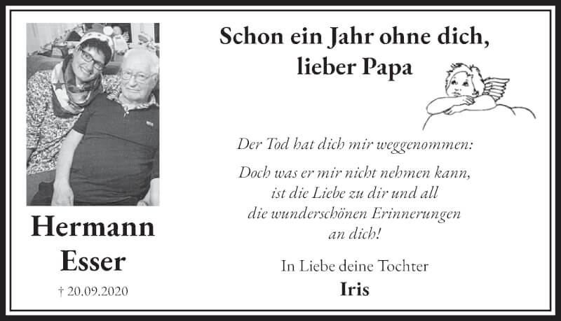  Traueranzeige für Hermann Esser vom 17.09.2021 aus  Wochenende 
