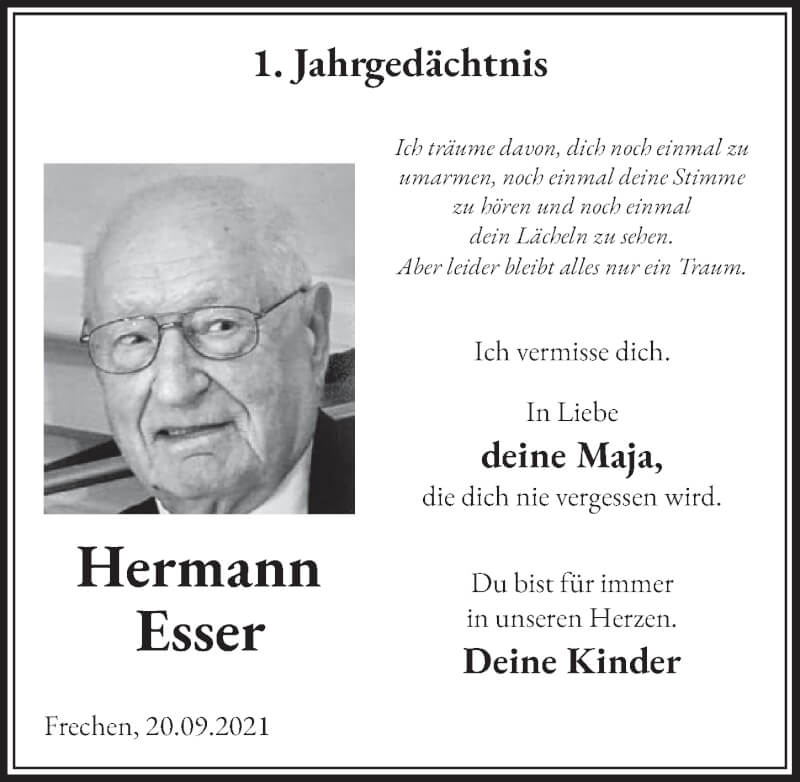  Traueranzeige für Hermann Esser vom 17.09.2021 aus  Wochenende 